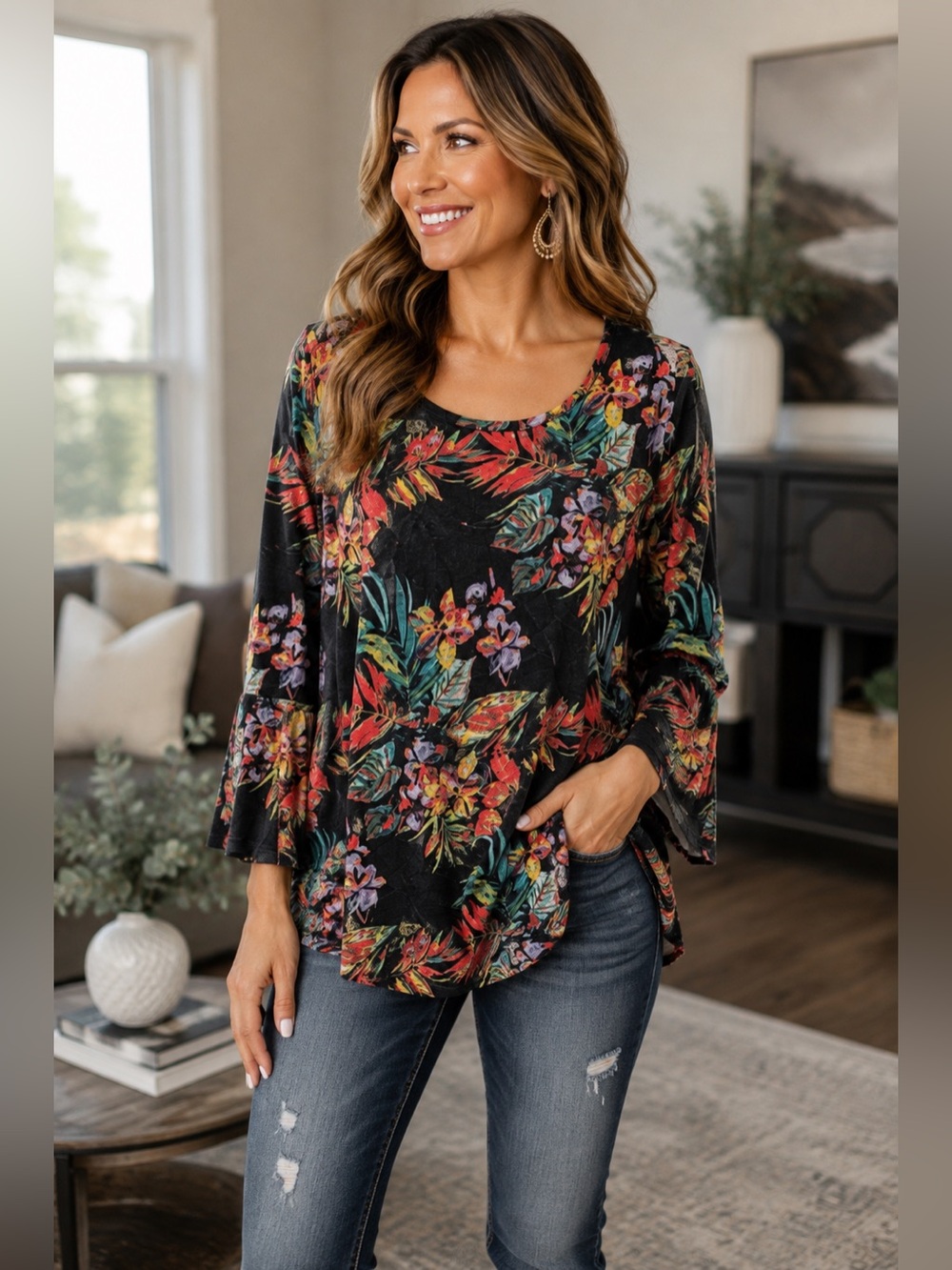 Tribal Black Floral Bell Sleeve Tunic Top Size XL Boho Flowy